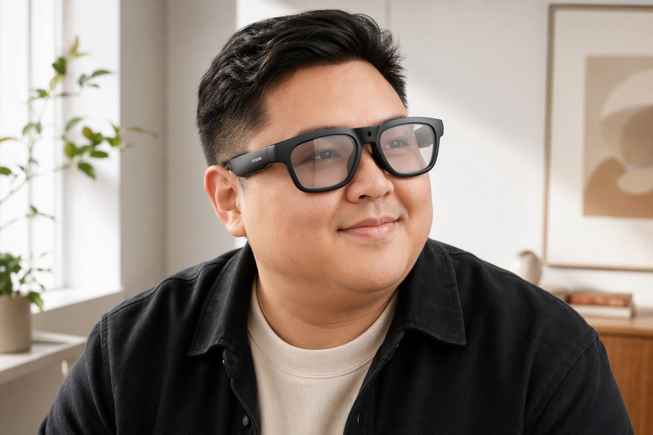 Smart glasses worn by a person with a round face in a clean lifestyle setting