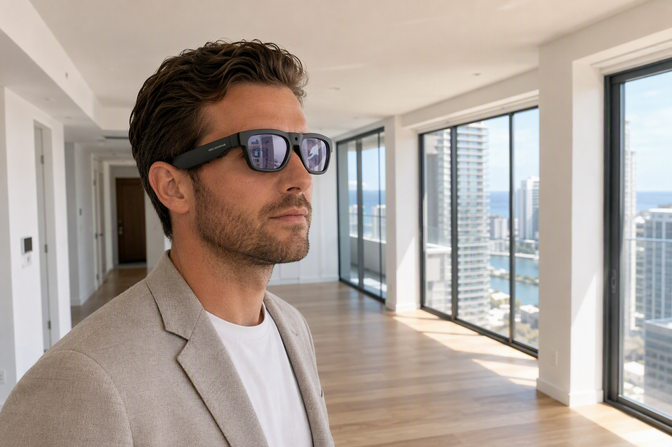 Smart AI glasses with a camera worn during an overseas property walkthrough, with a home interior visible ahead