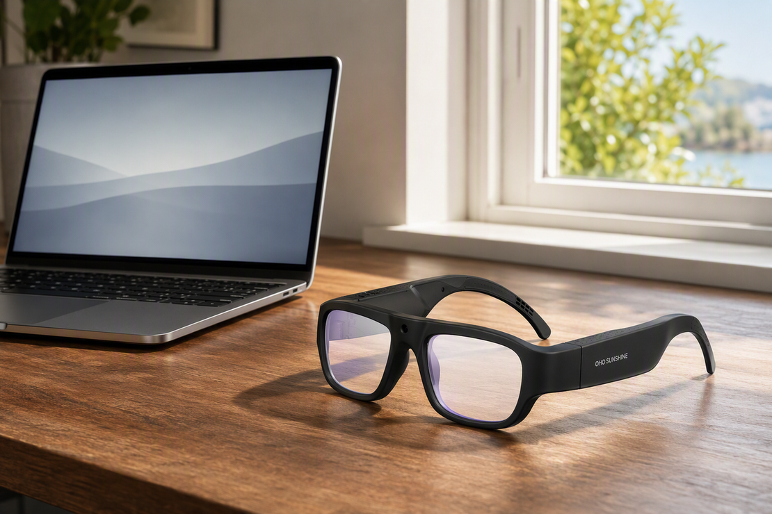 Photochromic camera glasses arranged between a laptop workspace and a bright outdoor window