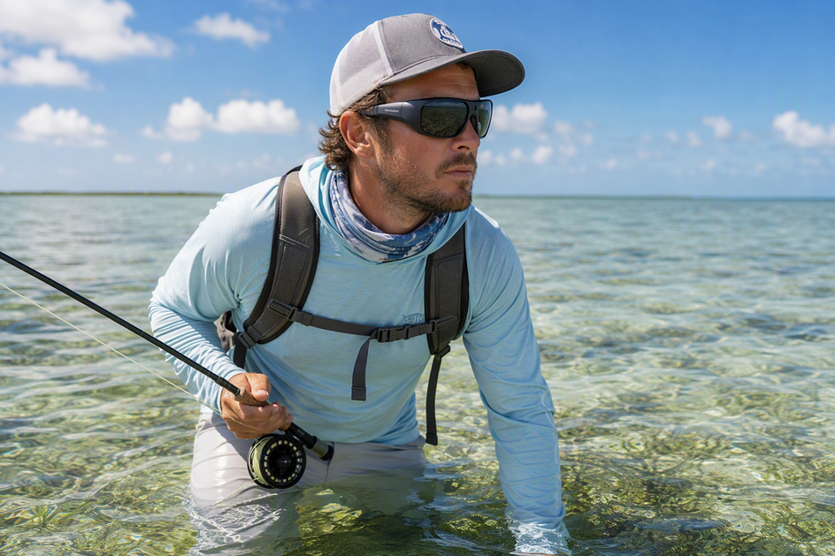 Angler wearing polarized camera sunglasses while scanning a shallow inshore flat for fish