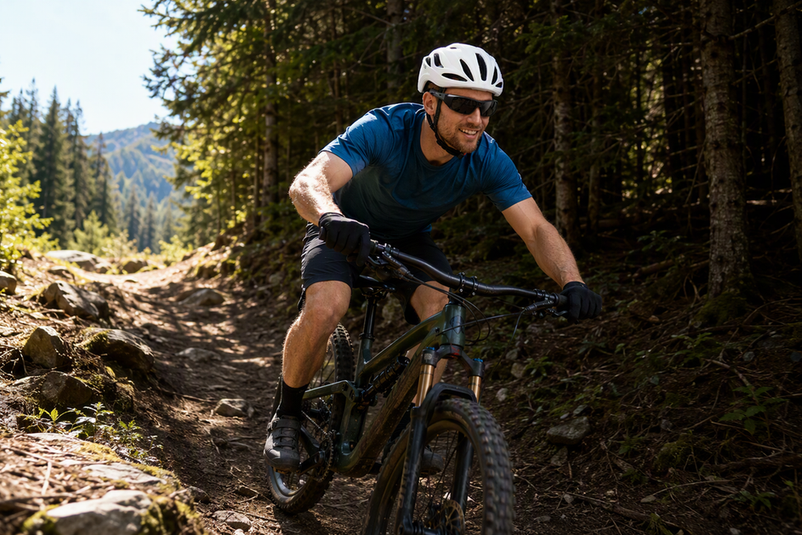 Mountain biker wearing camera sunglasses on a trail that transitions from bright sunlight into dense tree shade