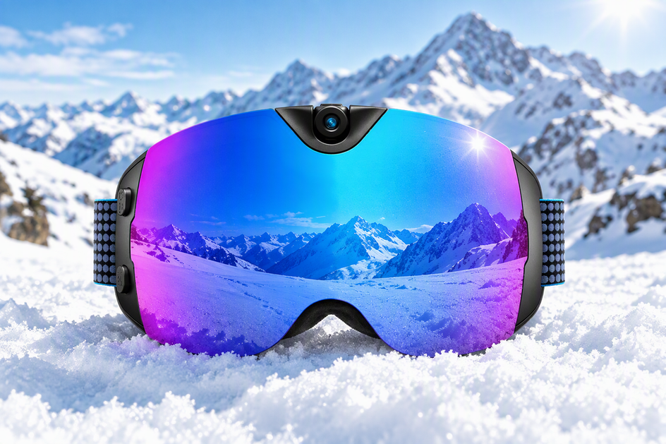 Polarized camera ski goggles presented against bright, snow-covered alpine terrain