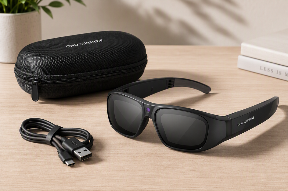 Camera glasses arranged with their case and charging cable on a clean tabletop for a hands-free filming setup.