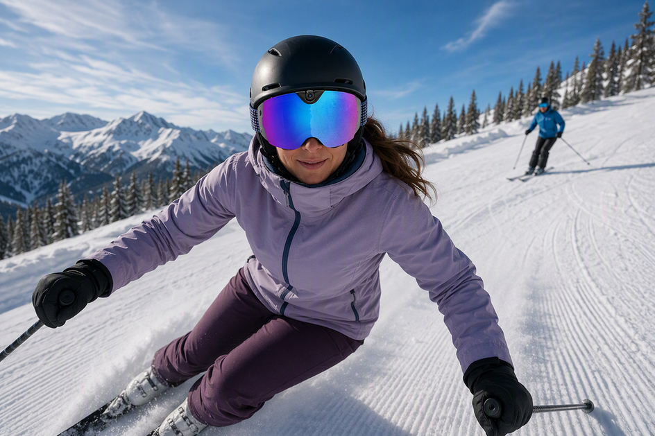 Skier wearing camera ski goggles on a snowy trail during a lesson run