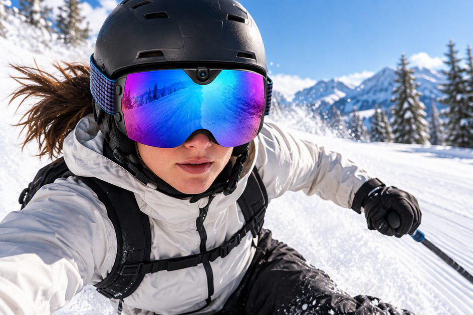 Camera-equipped ski goggles worn by a skier during a fast snowy descent
