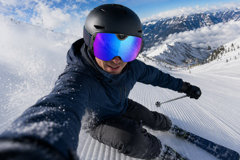 Skier descending a snowy run while wearing camera ski goggles and capturing a first-person view.