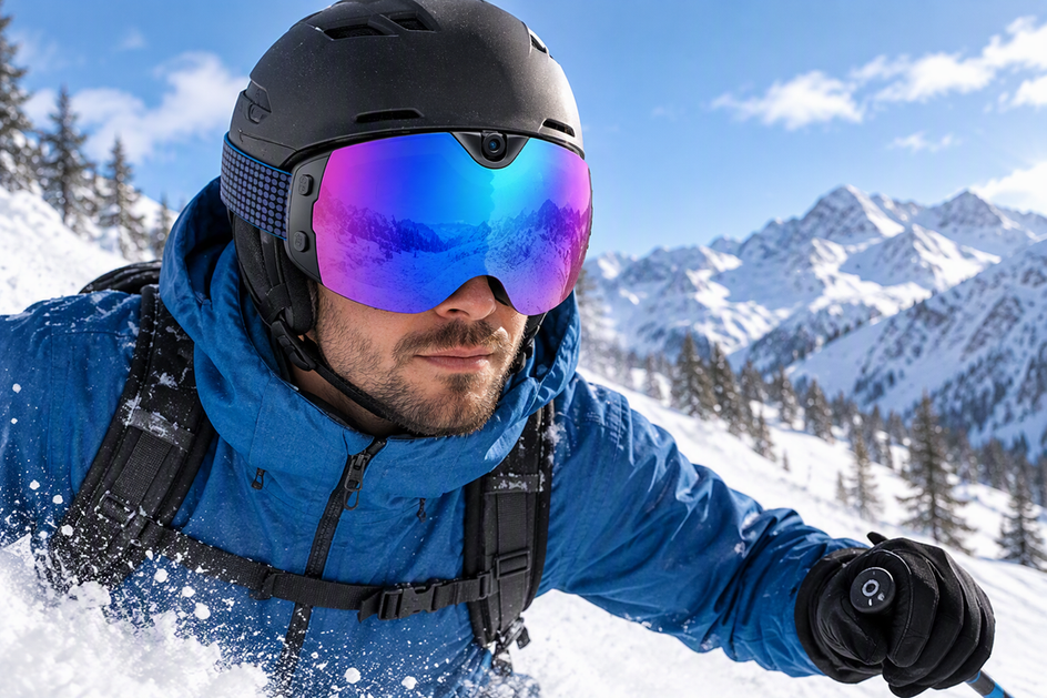 Camera ski goggles worn by a skier on a snowy slope, with the full frame and lens clearly visible