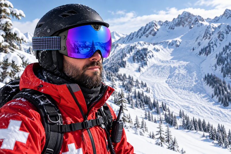 Volunteer ski patroller wearing camera ski goggles while surveying a snowy avalanche-sweep area