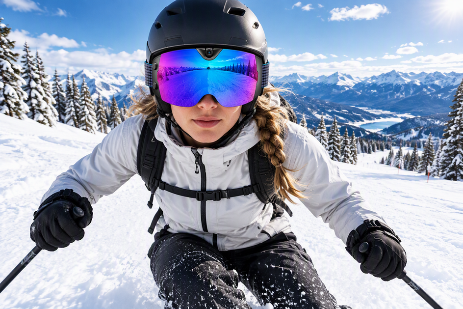 Skier descending a snowy slope while wearing camera-equipped ski goggles, with the trail and horizon framed beyond the ski tips