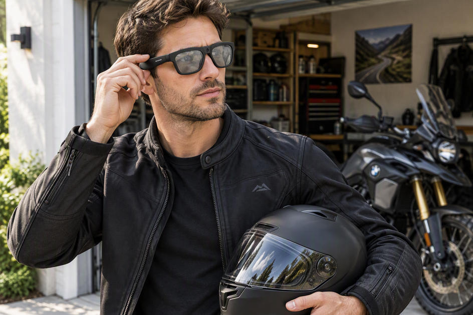 Rider wearing smart camera glasses beside a motorcycle helmet during a stationary comfort check