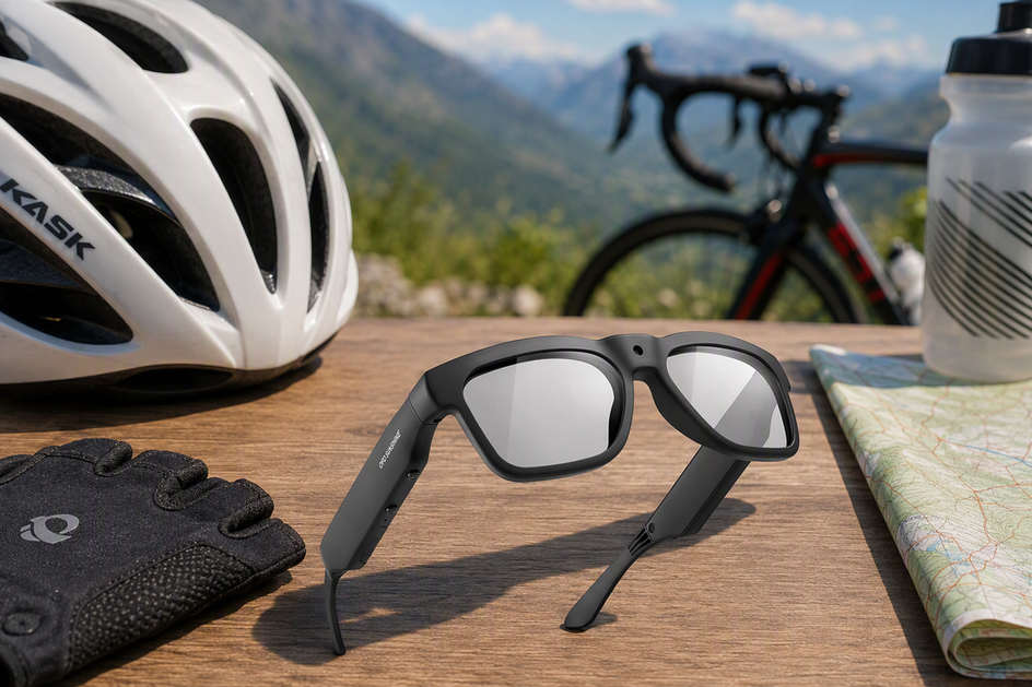 Smart camera glasses arranged with a bicycle helmet and cycling gear on a bright tabletop
