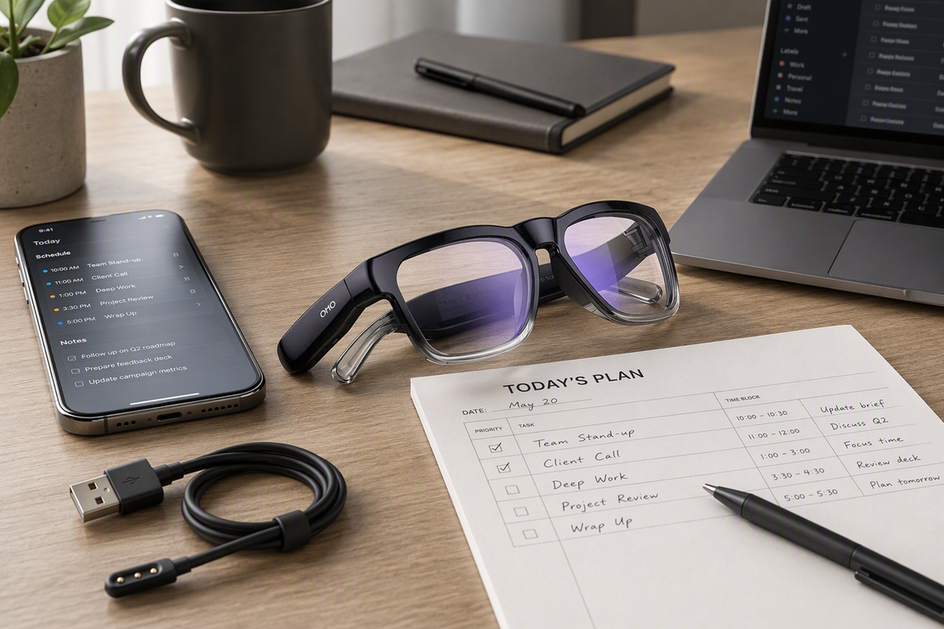 Smart glasses resting beside a workday planning sheet, phone, and charging cable on a clean desk