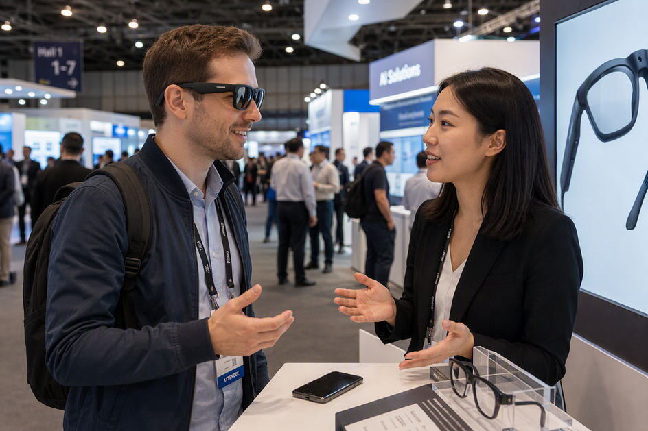 A business traveler wearing translation glasses speaks with an international exhibitor at a busy trade-show booth.