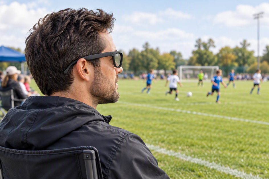 Parent wearing smart camera glasses at the sideline while distant youth soccer players move across the field