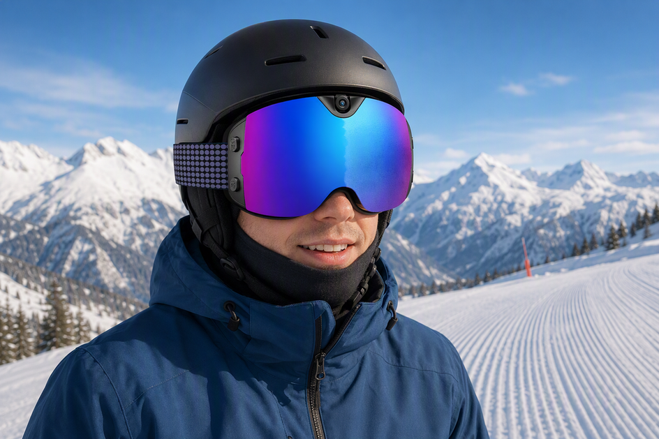 Camera ski goggles presented against a snowy mountain setting for hands-free POV recording.