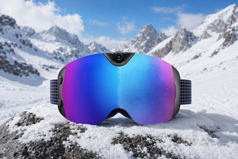 Camera-equipped snow goggles presented against a snowy backcountry landscape for winter riding.