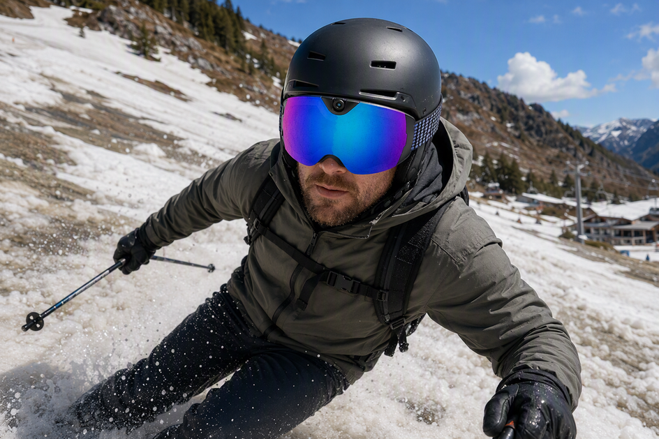 Camera ski goggles worn on a spring ski slope with melting snow and wet slush nearby