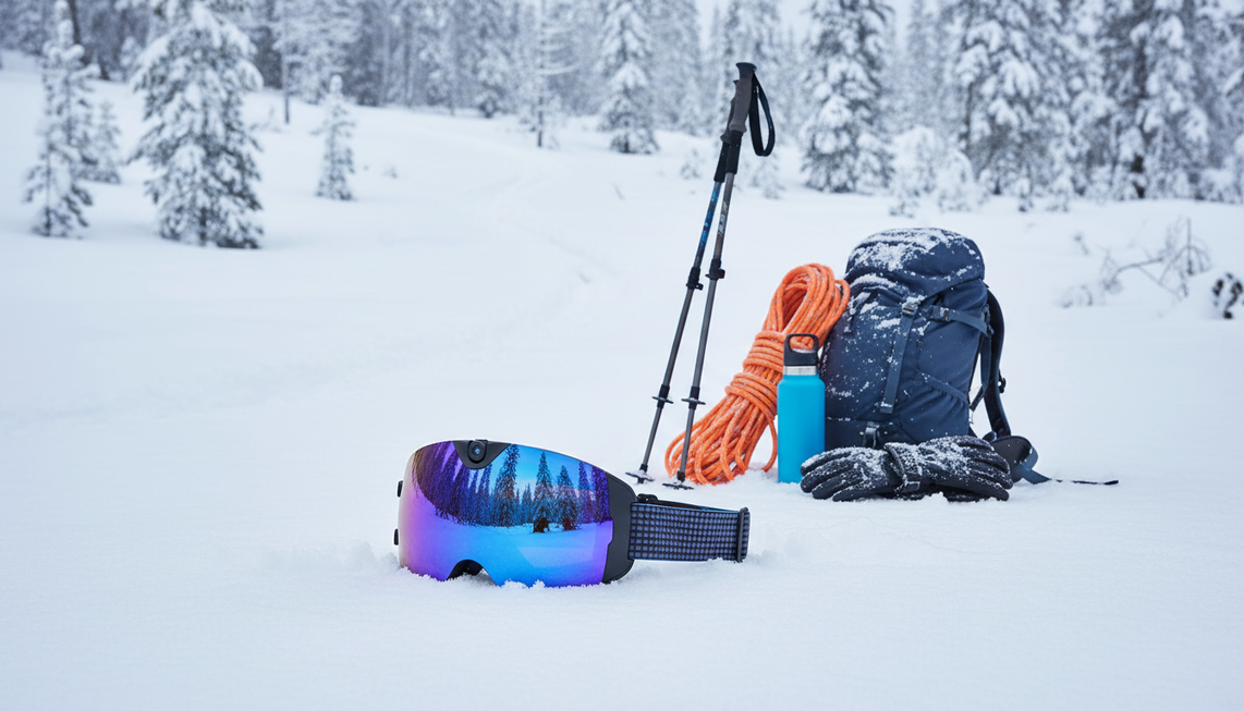 Camera-equipped snow goggles arranged as a winter outdoor gear hero for hiking and snowshoeing