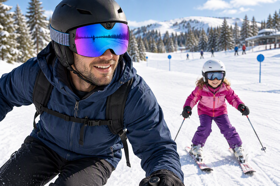 Parent wearing camera ski goggles follows a child learning to ski on a snowy beginner slope.