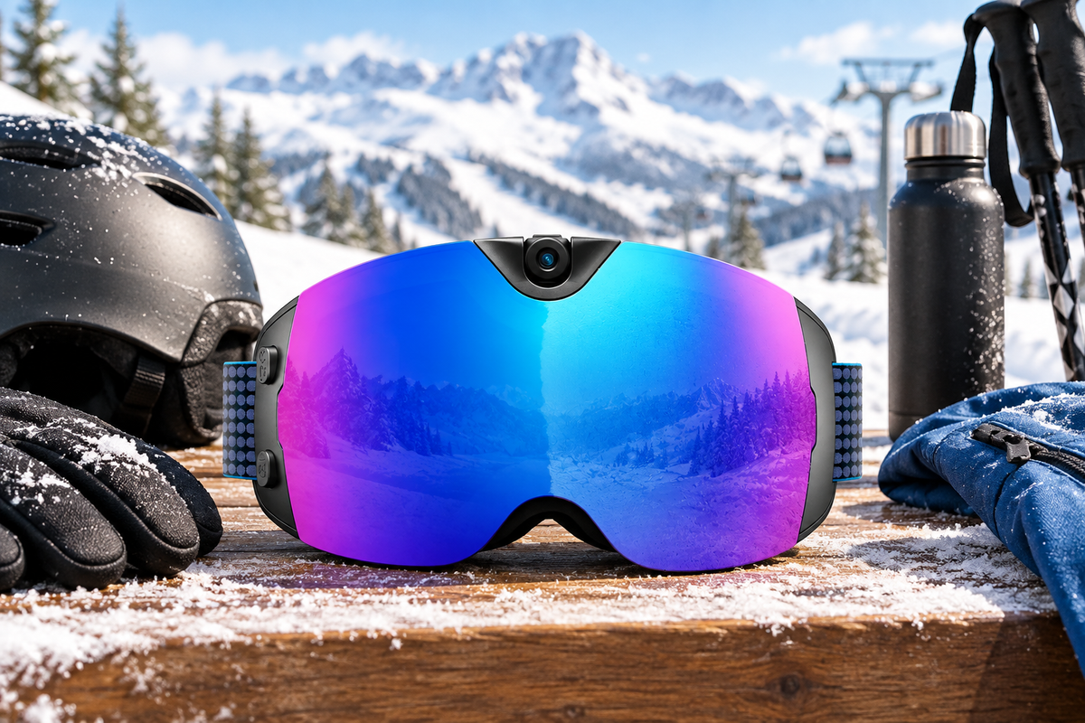 4K camera ski goggles displayed with snow gear at a winter resort