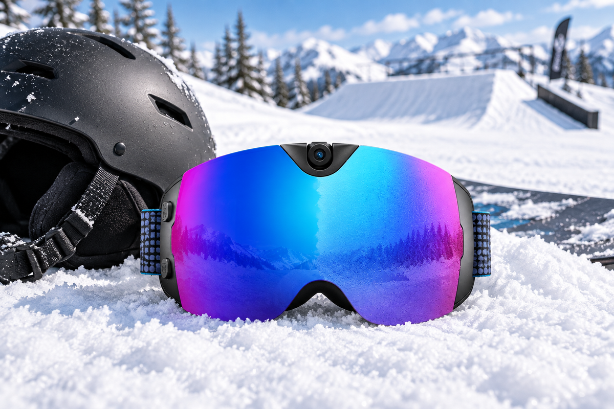 Camera-equipped snowboard goggles resting beside a terrain-park landing with a helmet and packed snow in the background