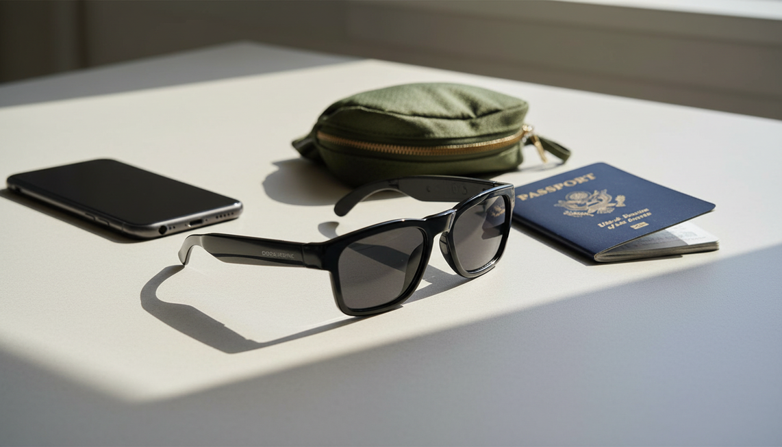 Smart translation glasses arranged with a travel phone and passport for trip preparation