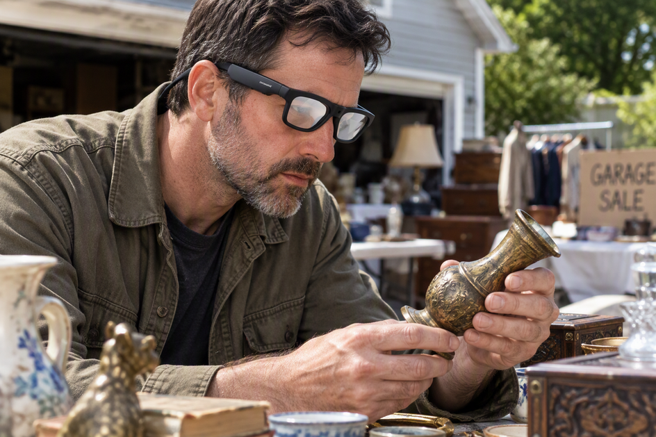An estate liquidator wearing camera glasses surveys antiques on a garage sale table.