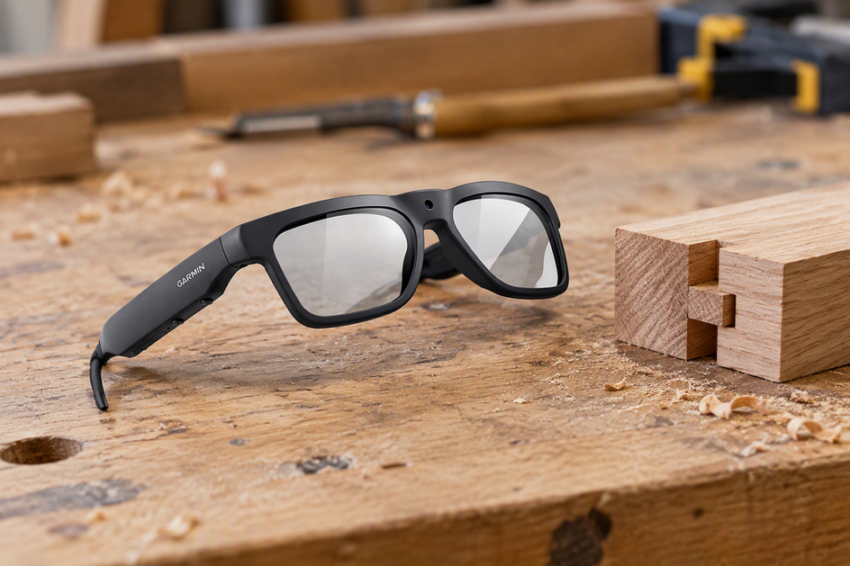 Camera glasses beside a small wood joint on a workbench