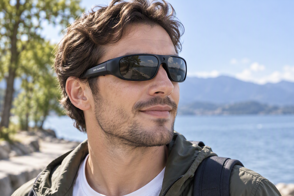 A person wearing OHO SUNSHINE Brave smart camera glasses outdoors, illustrating hands-free camera glasses.