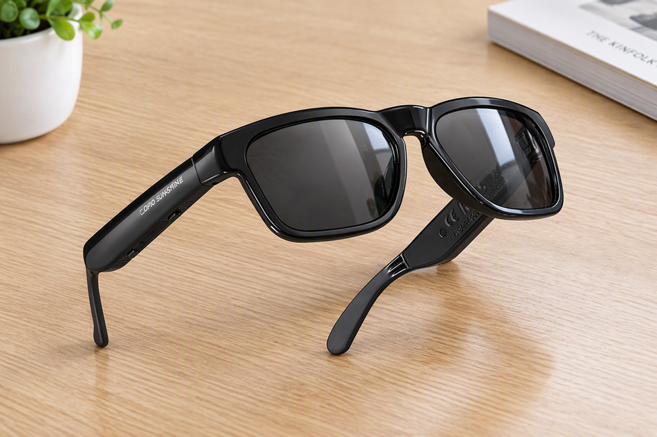 Black AI translation glasses rest on a tabletop.