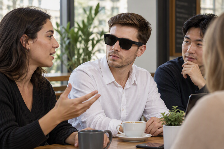 At a casual table, a person wearing black Elingo AI glasses listens as one companion speaks while others wait their turn.