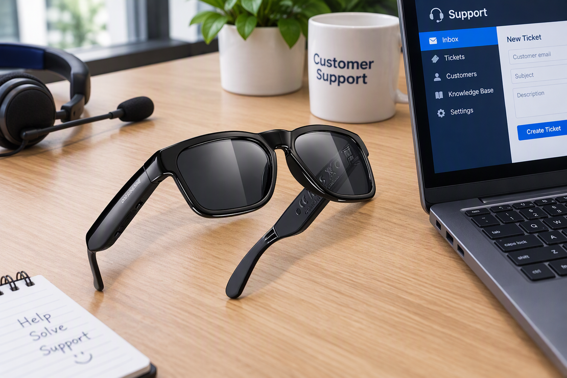 Black smart glasses beside a computer at a support workstation.