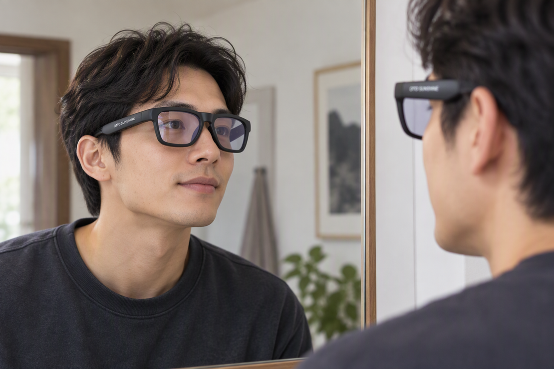 Person wearing the selected OhO Sunshine Elite smart glasses and checking how the frame sits on their nose bridge.