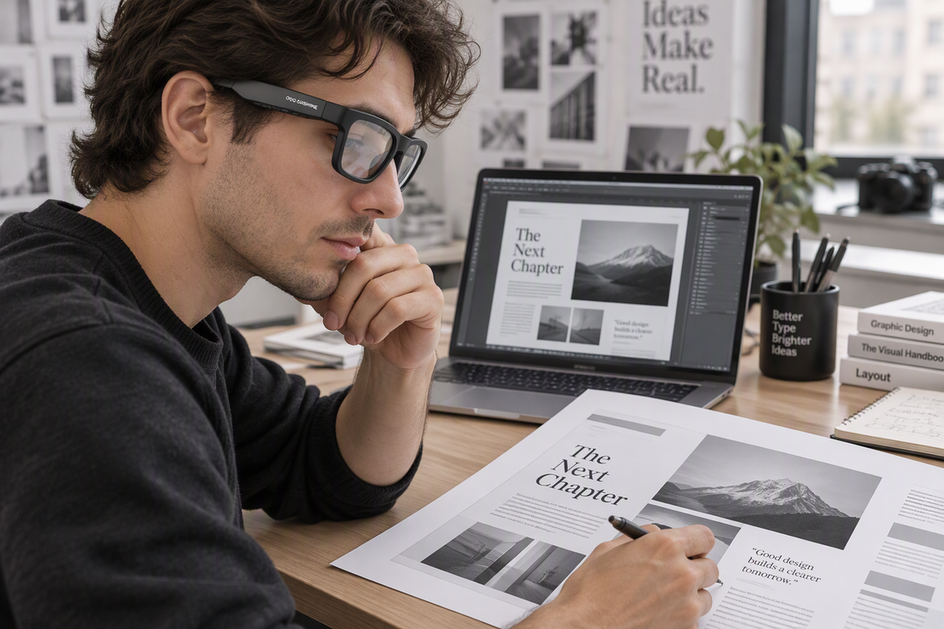 OHO SUNSHINE Elite smart glasses worn by a graphic designer working at a monitor with a grayscale wireframe layout