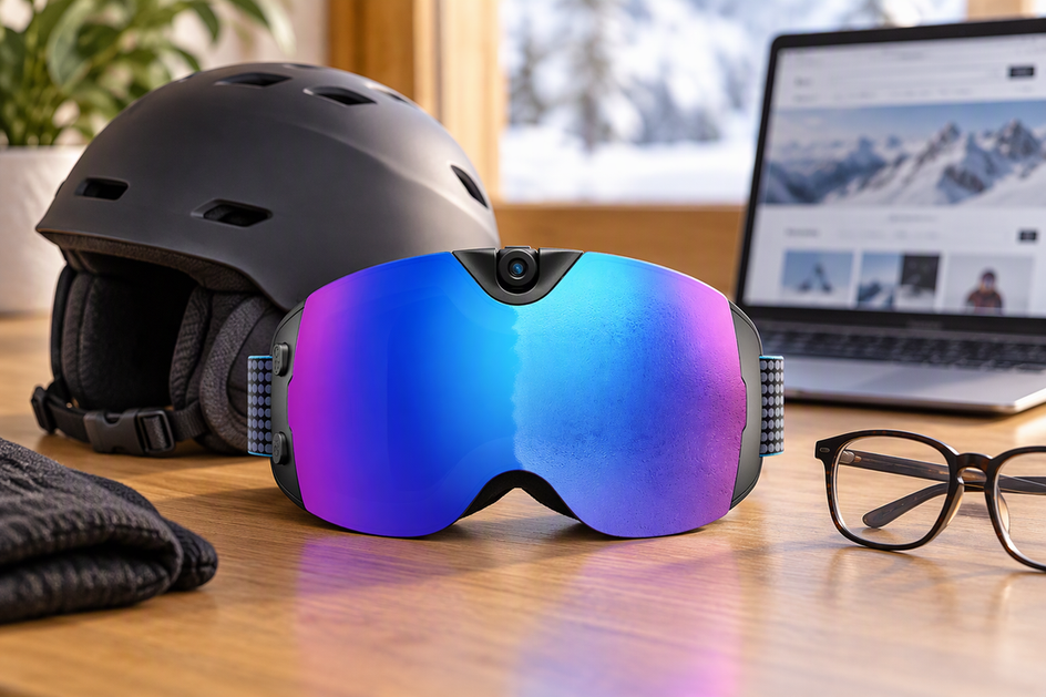 Skyshot camera ski goggles arranged beside a ski helmet, glasses, and an open laptop