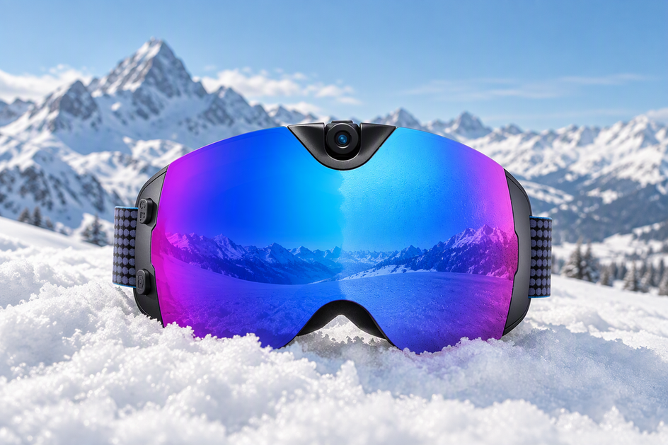 OHO SUNSHINE Skyshot camera ski goggles with a blue-purple mirrored lens and centered camera, shown against a snowy mountain setting
