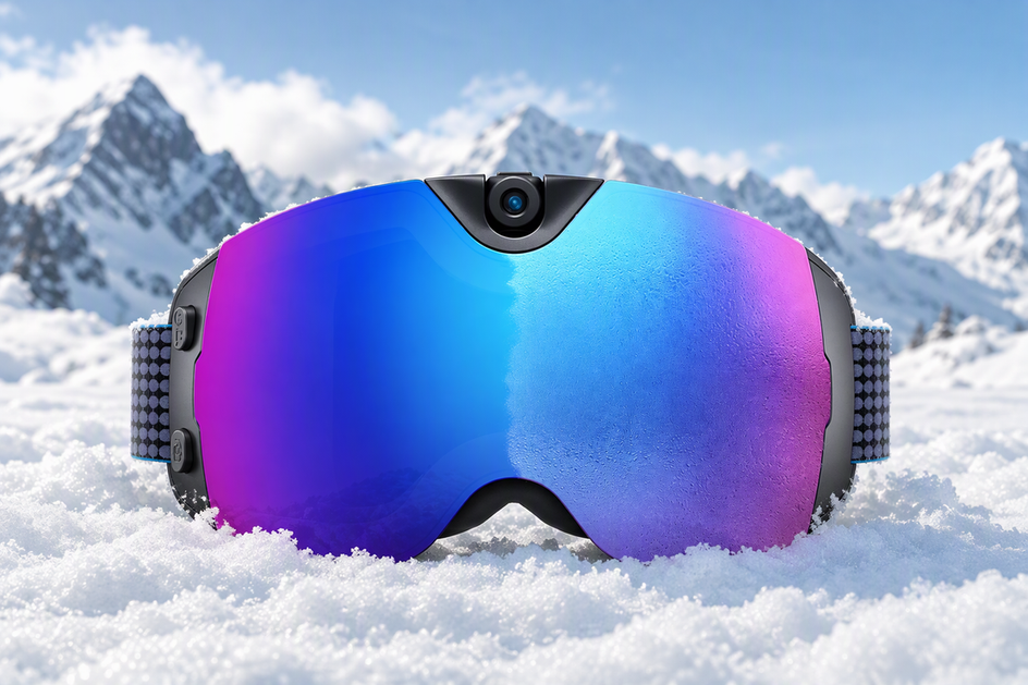 OHO SUNSHINE Skyshot camera ski goggles with a mirrored lens and centered camera, shown against a snowy mountain setting