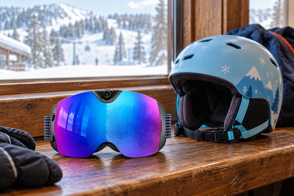 OHO SUNSHINE Skyshot camera ski goggles beside a youth ski helmet on a lodge bench