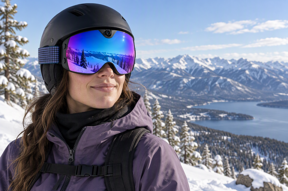 Blue-purple camera ski goggles worn by a rider pausing at a snowy mountain ridge