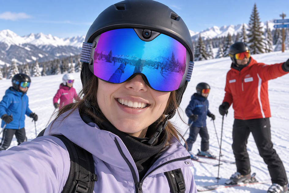 Camera ski goggles worn by a skier at a snowy lesson area, with an instructor and learner farther up the slope