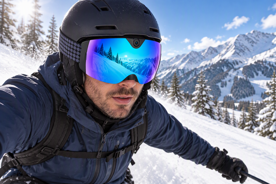 Skier wearing blue-purple mirrored camera ski goggles and a helmet on a snowy slope.