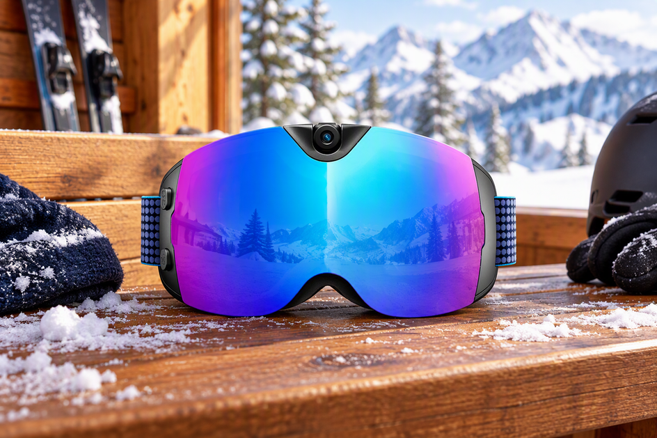 Camera-equipped ski goggles resting on a snowy lodge bench with loose snow nearby and the lens and camera window clearly visible