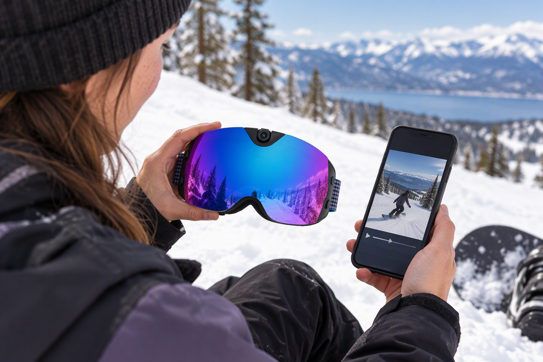 A snowboarder pauses on a snowy slope to review footage on a phone, with camera ski goggles visible.