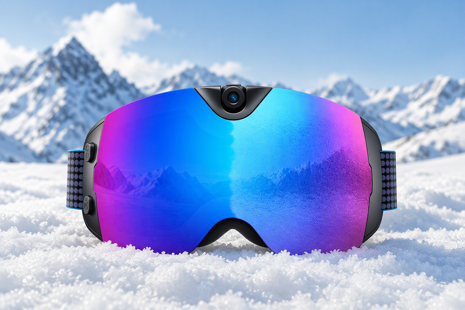 Blue-purple Skyshot camera ski goggles displayed against a snowy mountain setting