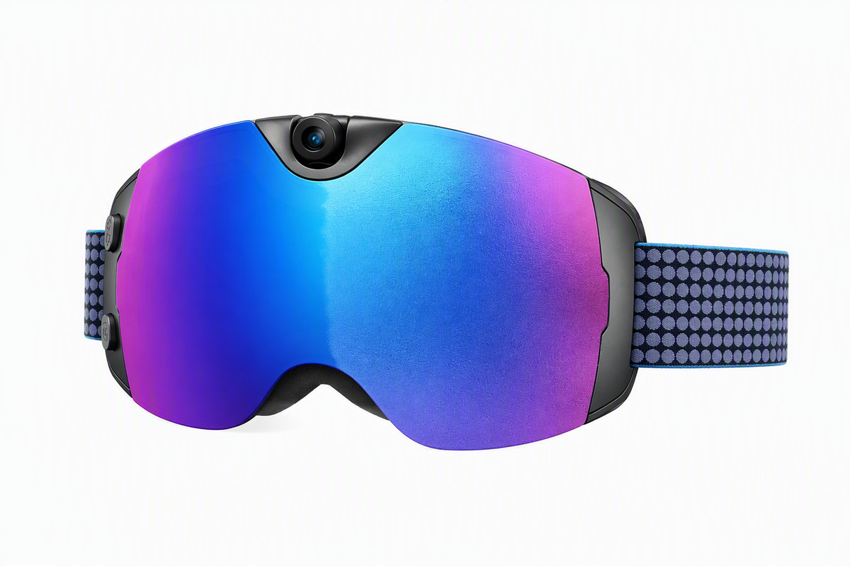 Camera-equipped ski goggles shown as a standalone product.