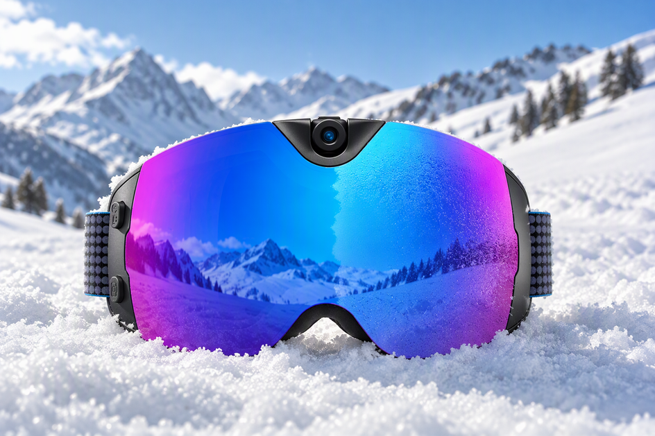 Blue-purple Skyshot camera ski goggles with a centered camera, shown against a snowy mountain setting