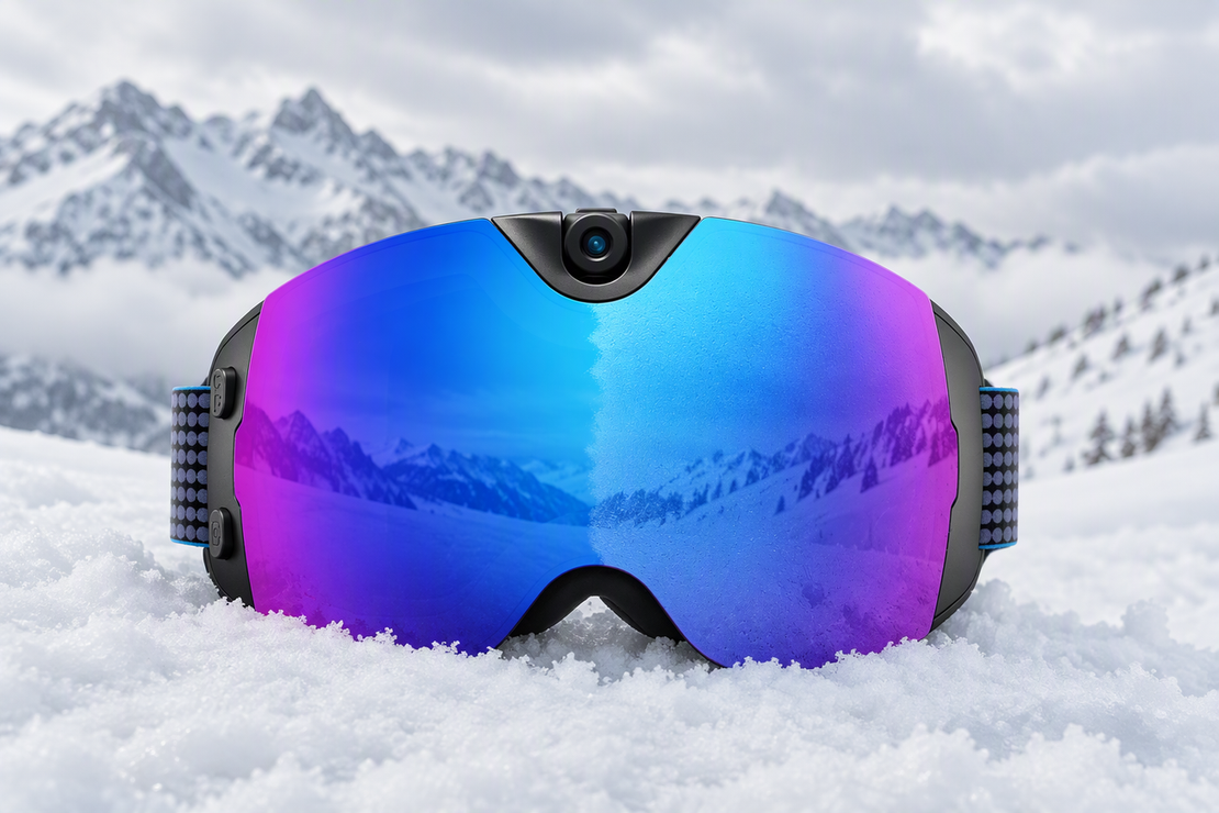 OHO SUNSHINE Skyshot camera ski goggles against a softly overcast snowy mountain slope