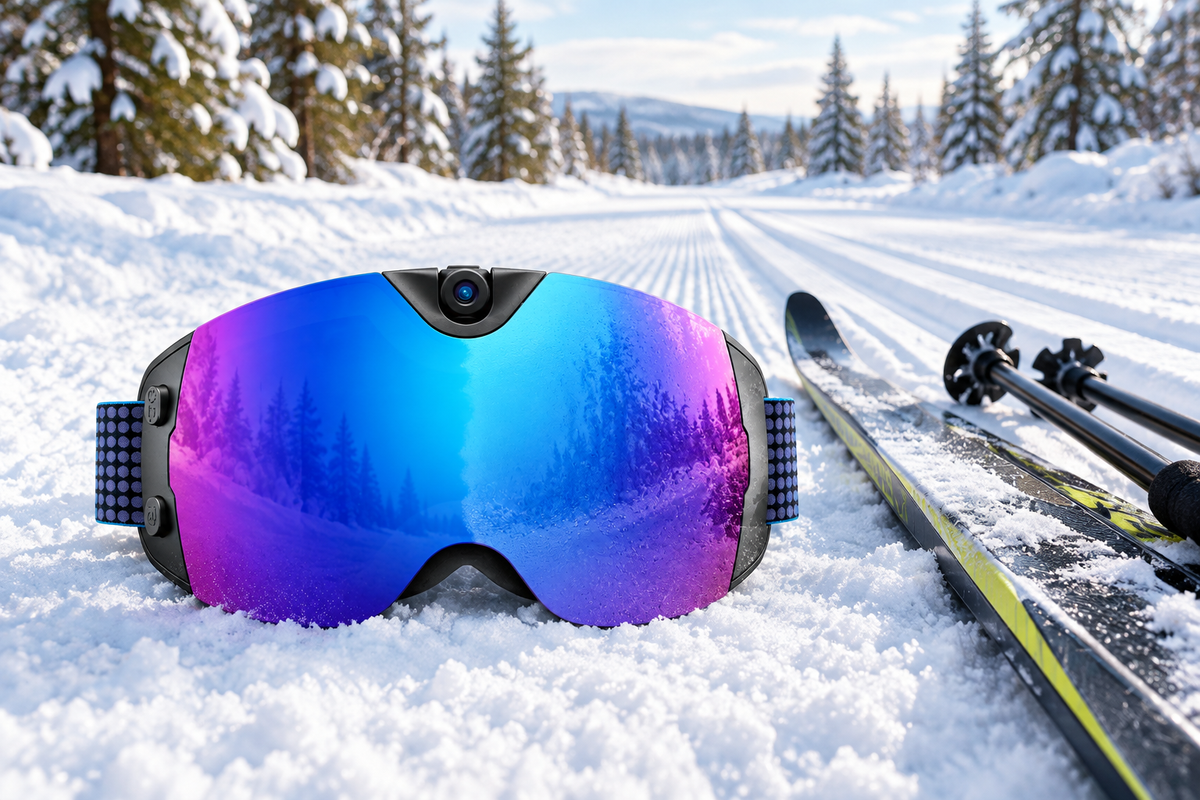 Camera ski goggles resting beside cross-country skis on a snowy Nordic trail