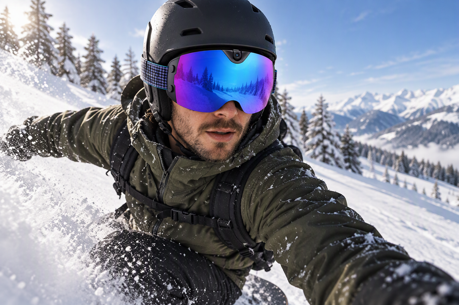 Snowboarder wearing blue-purple camera ski goggles on a snowy slope
