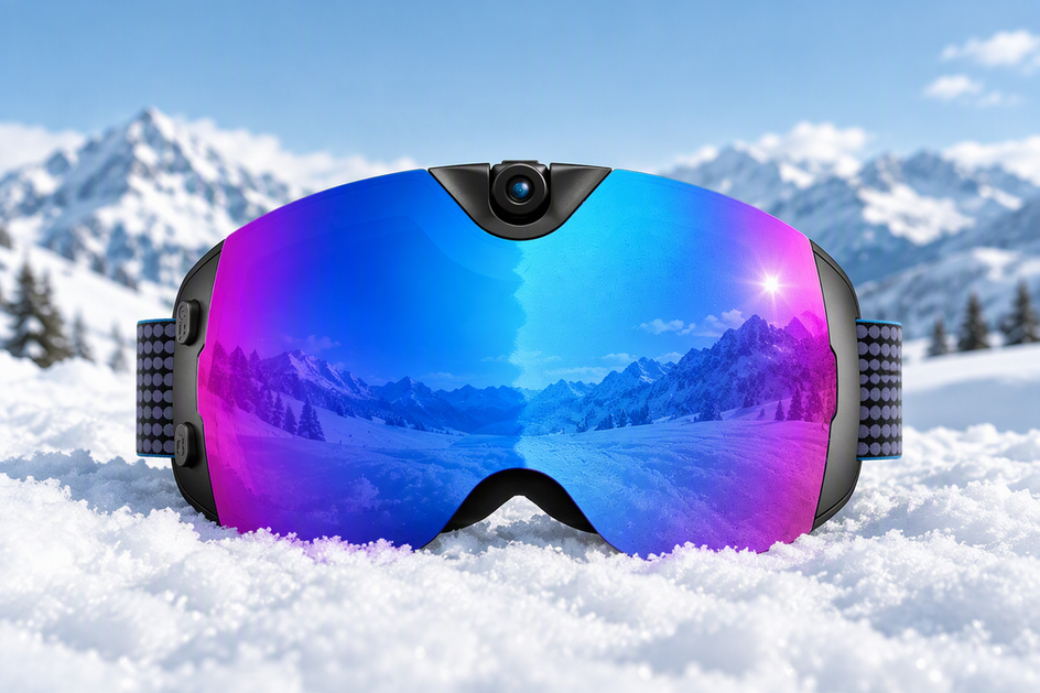 Blue-purple Skyshot camera ski goggles with a mirrored lens and centered camera, shown against a snowy mountain setting.